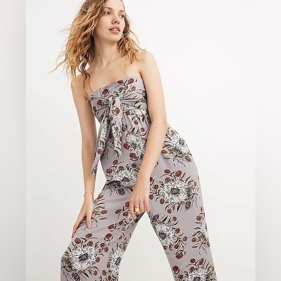 Madewell Strapless Tie-Front Jumpsuit in Painted Blooms Violet Dusk - 00 - Picture 3 of 7